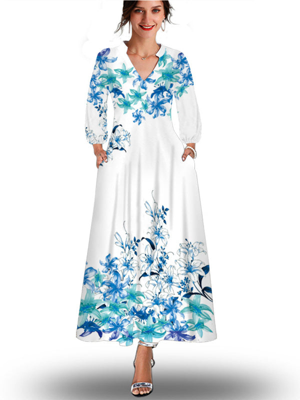 Women Long Sleeve V-neck Maxi Dress Floral Printed Dress