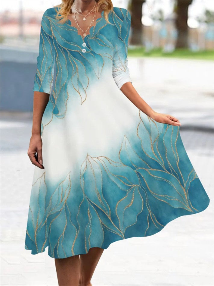 Women Long Sleeve V-neck Floral Printed Gradient Midi Dress