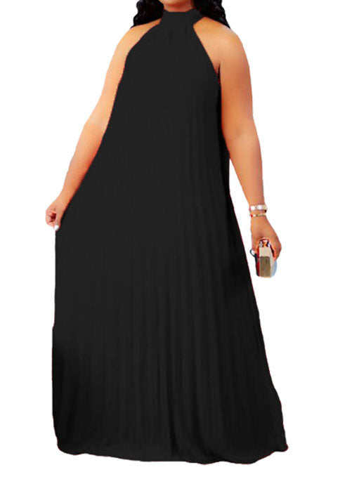 Plus Size Solid Halter Pleated Loose Sleeveless Evening Maxi Dresses