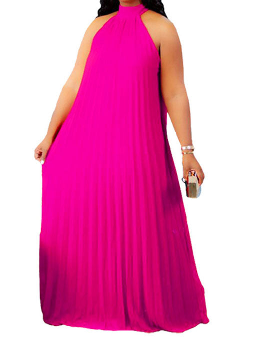 Plus Size Solid Halter Pleated Loose Sleeveless Evening Maxi Dresses