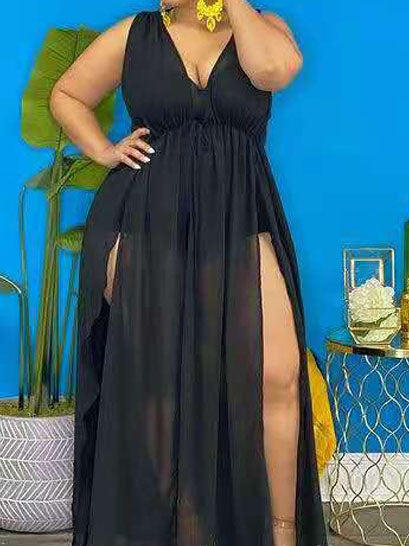 Plus Size Solid Split Joint V-Neck Tulle Pleated Maxi Dress