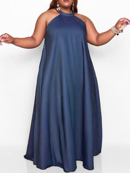 Plus Size Maxi Dress Halter Neck Sleeveless Solid Color