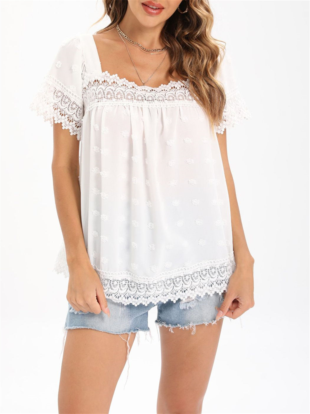 Women Short Sleeve Scoop Neck Lace Hollow Stitching Tops