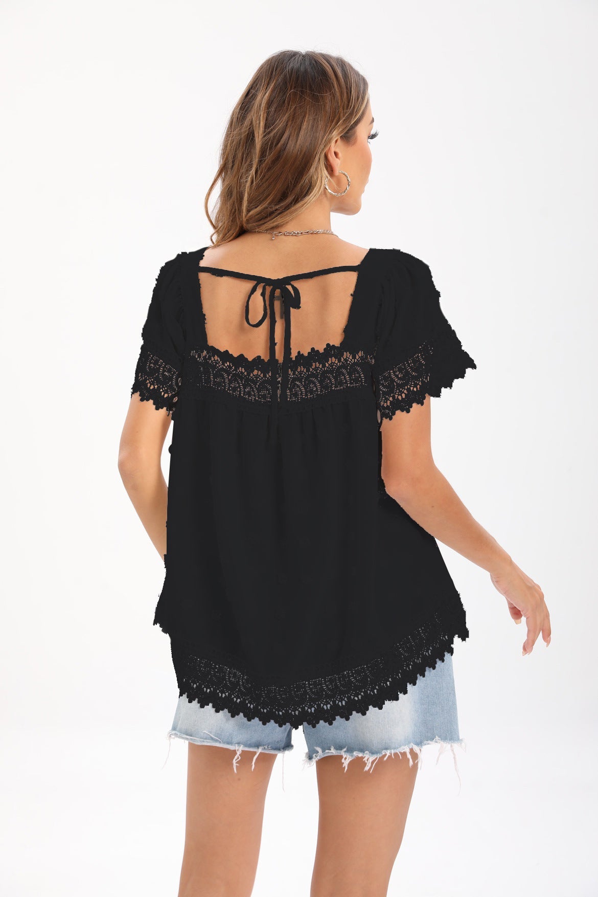 Women Short Sleeve Scoop Neck Lace Hollow Stitching Tops