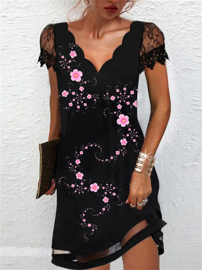 Women Short Sleeve V-neck Lace Floral Printed Midi Dress