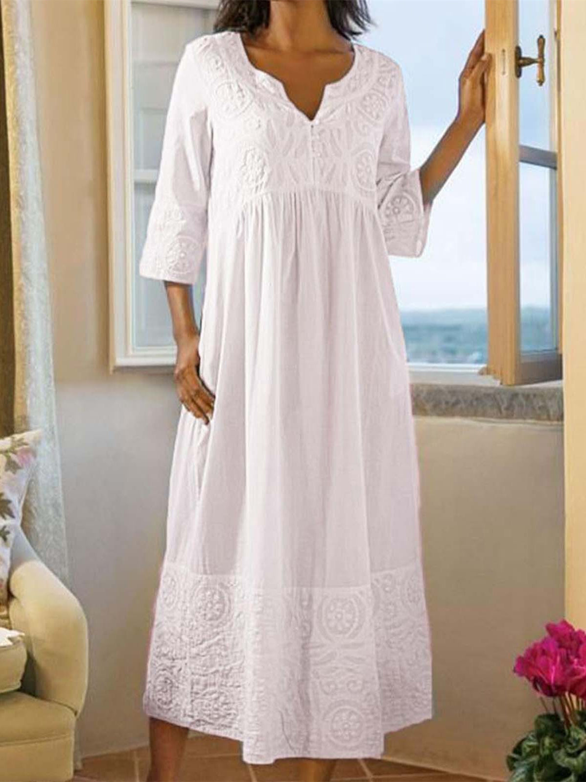 Women 3/4 Sleeve V-neck Lace Floral Printed Maxi Dress