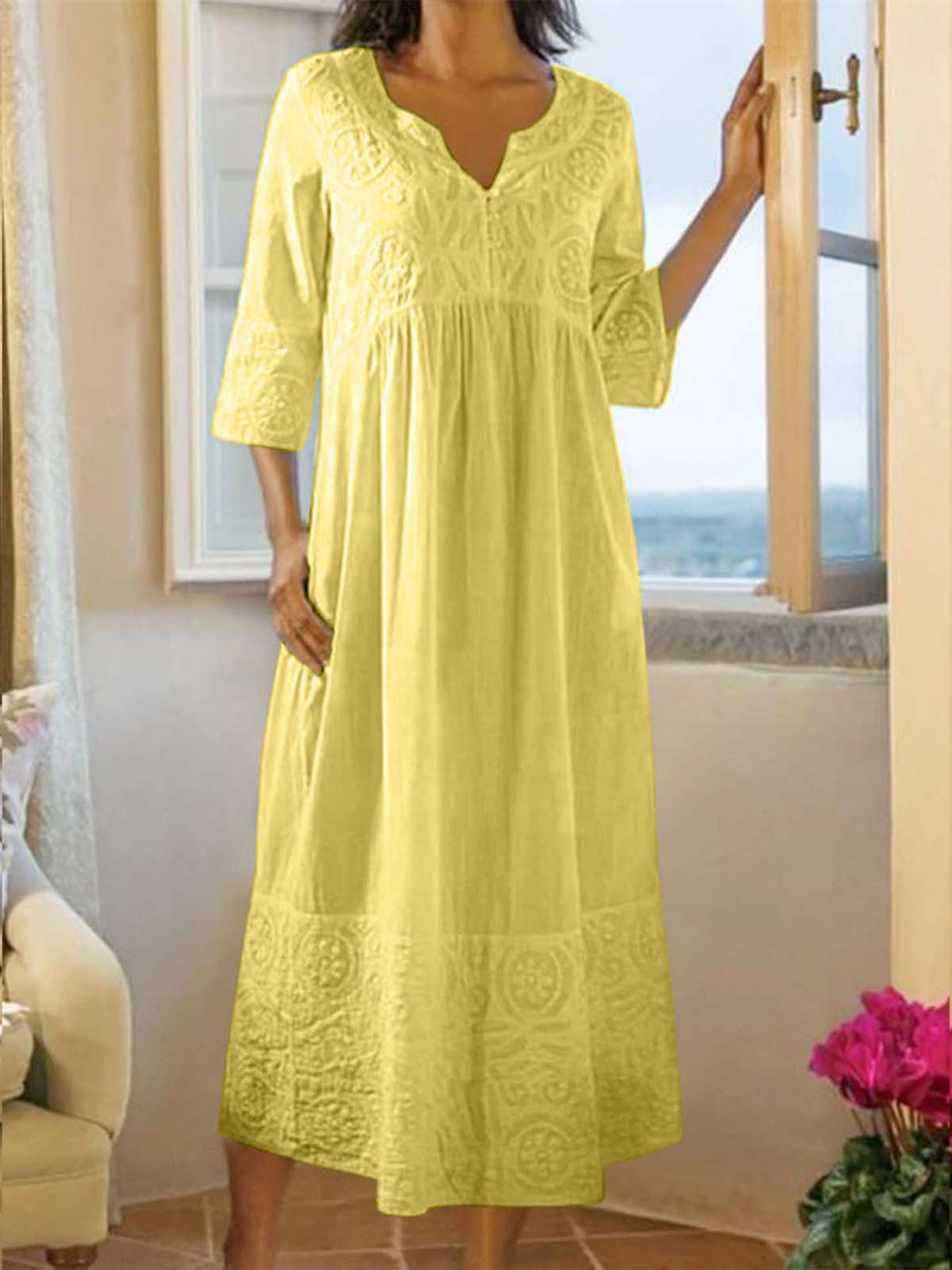 Women 3/4 Sleeve V-neck Lace Floral Printed Maxi Dress