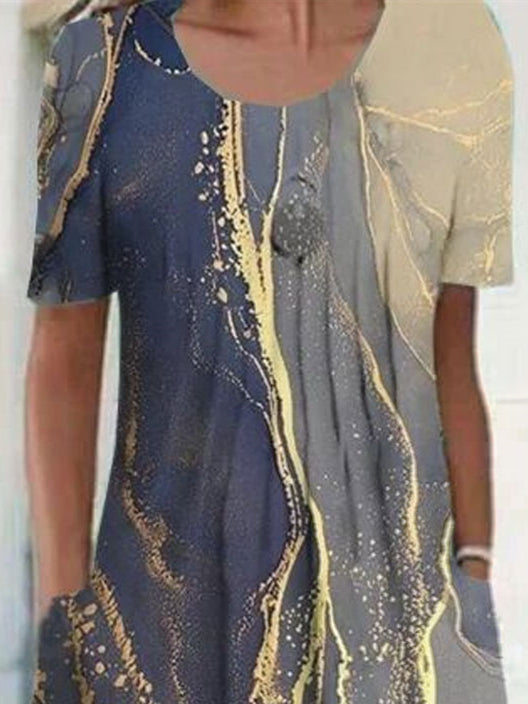 Women Short Sleeve Scoop Neck Floral Printed Graphic Midi Dress
