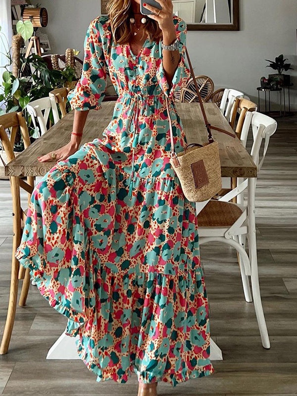 Women Long Sleeve V-neck Floral Printed Dress