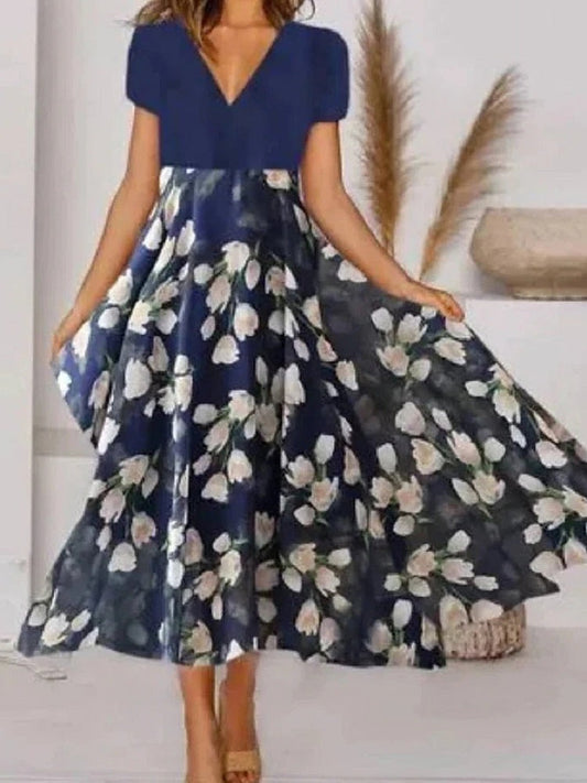Women Short Sleeve V-neck Floral Printed Dress
