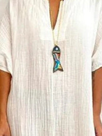Women Short Sleeve V-neck Solid Color Dress