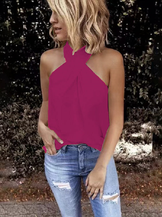 Women Sleeveless Off-shoulder Solid Color Tops