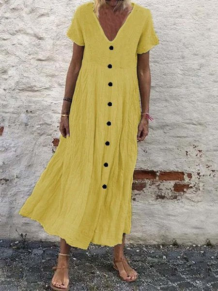 Women Short Sleeve V-neck Solid Color Dress