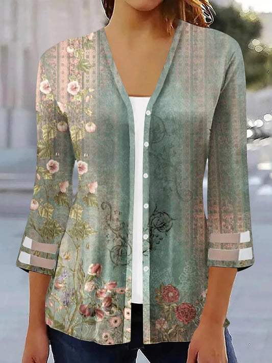 Women's 3/4 Sleeve V-neck Floral Printed Cardigan Top
