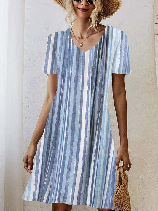 Women Casual Short Sleeve V-neck Striped Printed Midi Dress