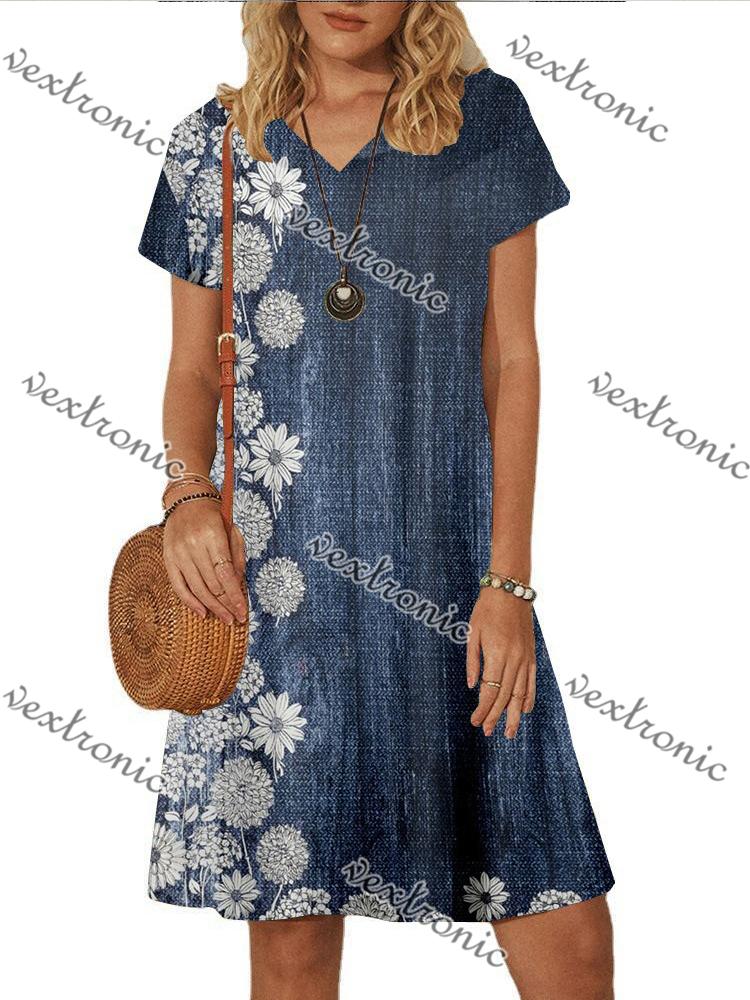 Women Casual Short Sleeve V-neck Denim Blue Floral Printed Midi Dress