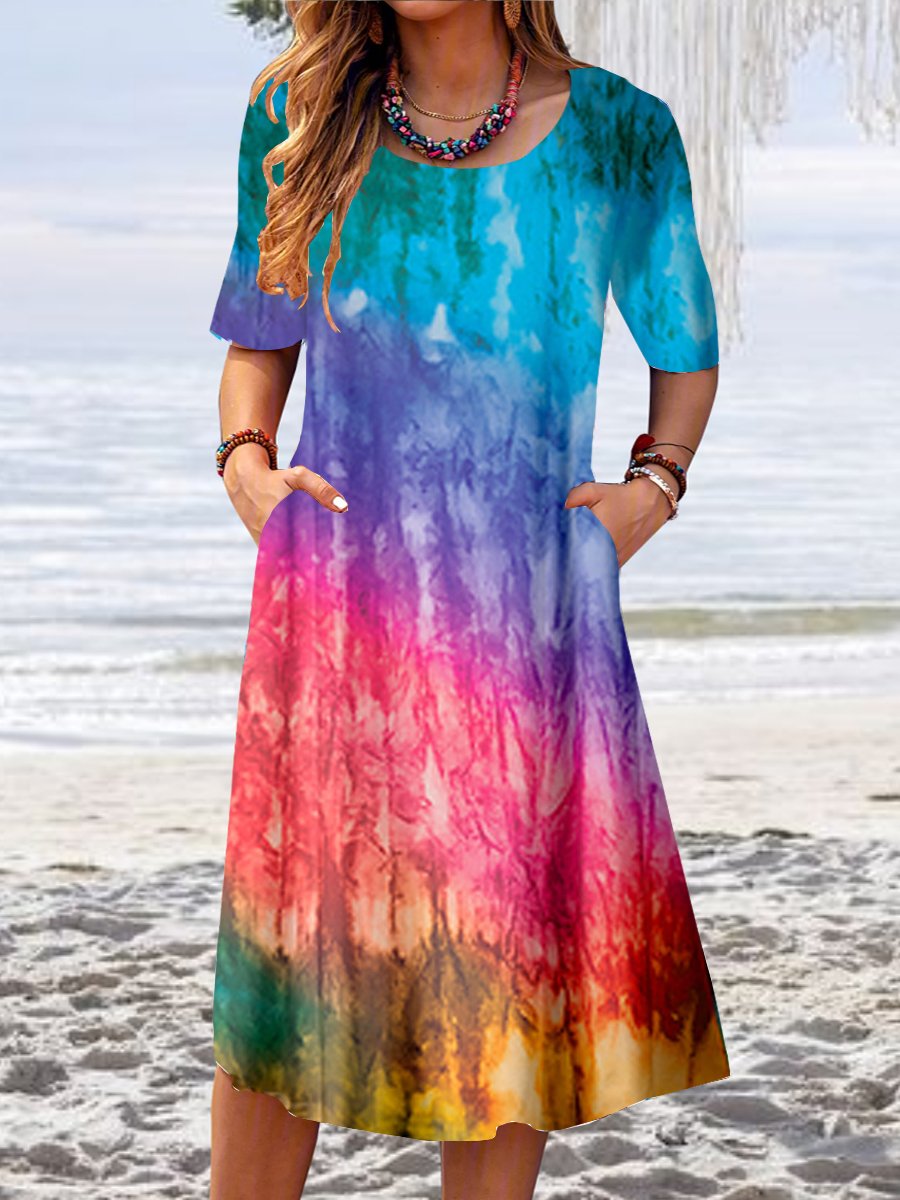 Women Casual Short Sleeve Round Neck Tie-dye Printed Midi Dress with Pockets