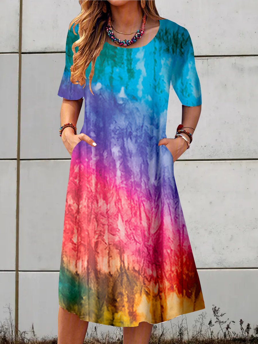 Women Casual Short Sleeve Round Neck Tie-dye Printed Midi Dress with Pockets