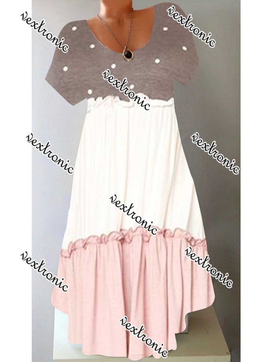 Women Round Neck Short Sleeve Polka Dot Printed Stitching Midi Dress