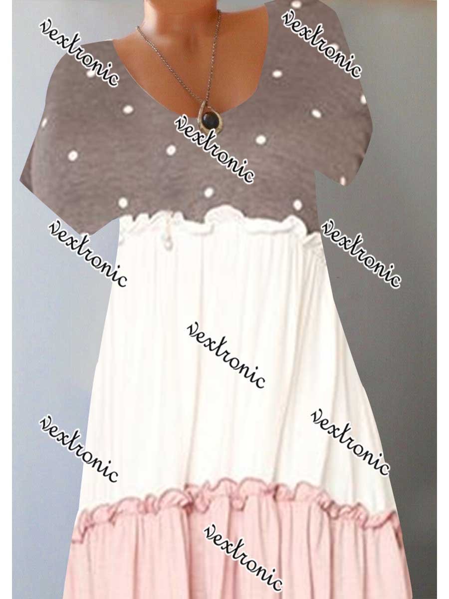 Women Round Neck Short Sleeve Polka Dot Printed Stitching Midi Dress