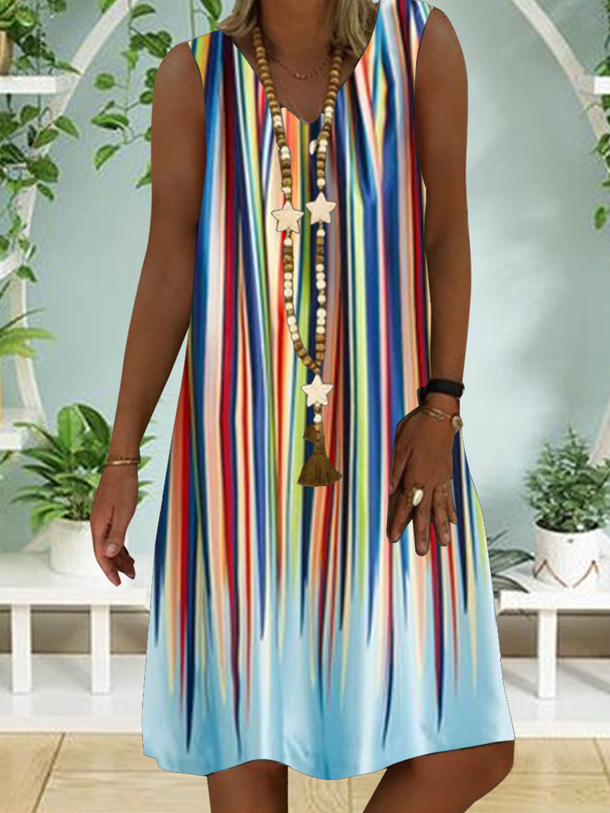 Women Casual Sleeveless V-neck Colorful Printed Midi Dress