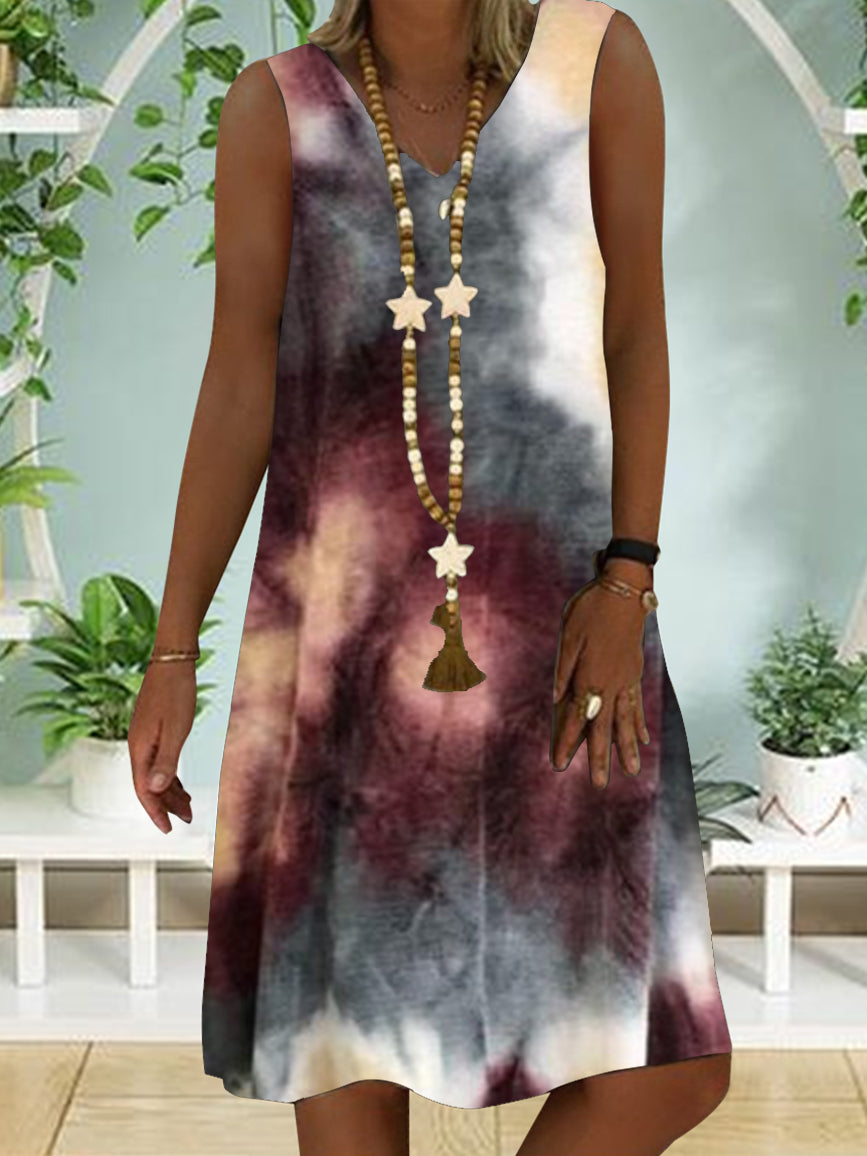 Women Casual Sleeveless V-neck Gradient Printed Midi Dress