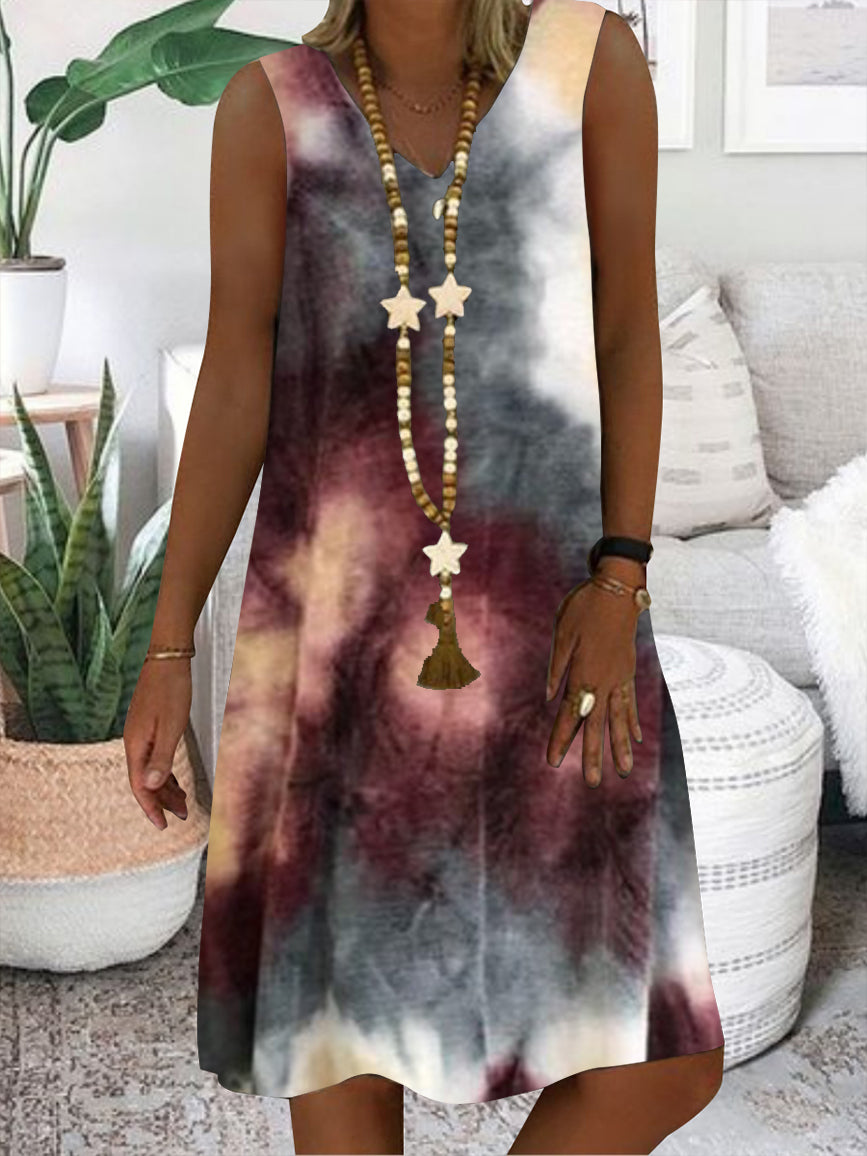 Women Casual Sleeveless V-neck Gradient Printed Midi Dress