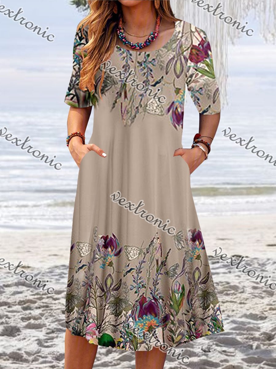 Women Casual Short Sleeve Scoop Neck Floral Printed Midi Dress
