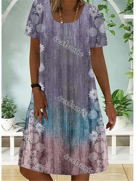 Women Casual Short Sleeve Scoop Neck Floral Printed Gradient Midi Dress