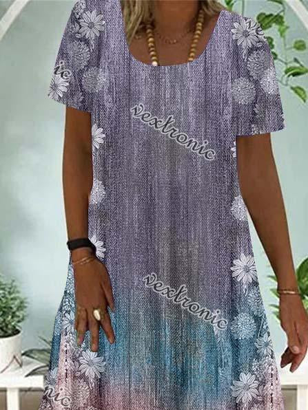 Women Casual Short Sleeve Scoop Neck Floral Printed Gradient Midi Dress