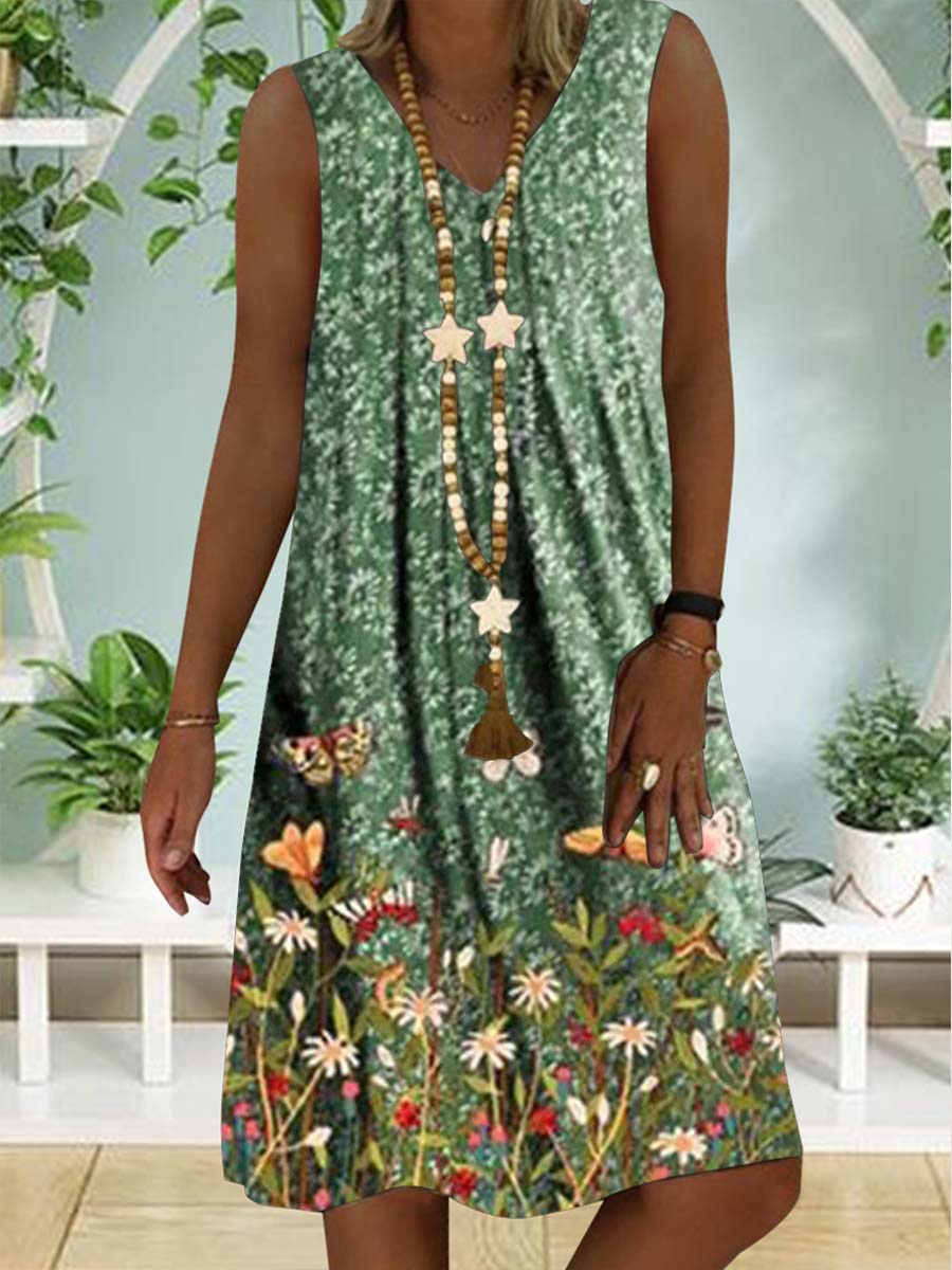 Women Casual Sleeveless V-neck Floral Printed Midi Dress