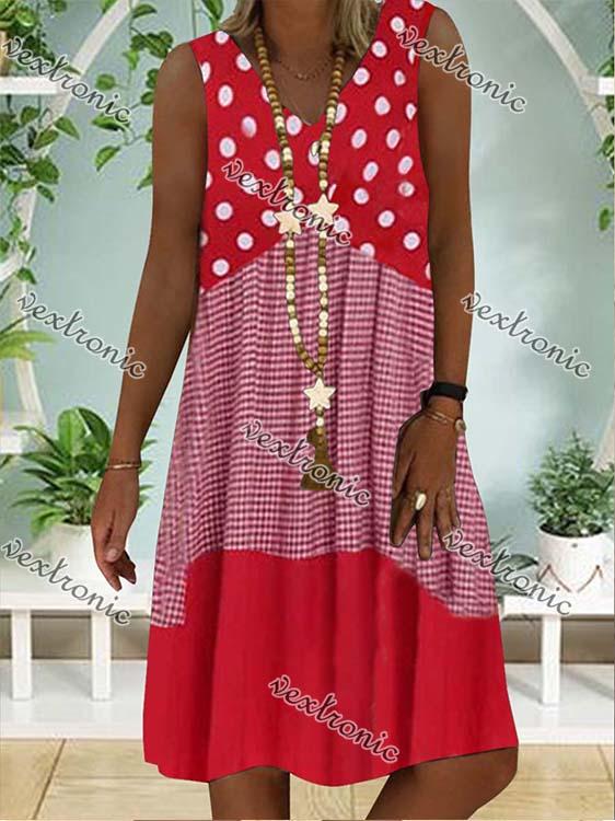 Women Casual Sleeveless V-neck Polka Dot Stitching Printed Midi Dress