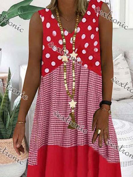 Women Casual Sleeveless V-neck Polka Dot Stitching Printed Midi Dress