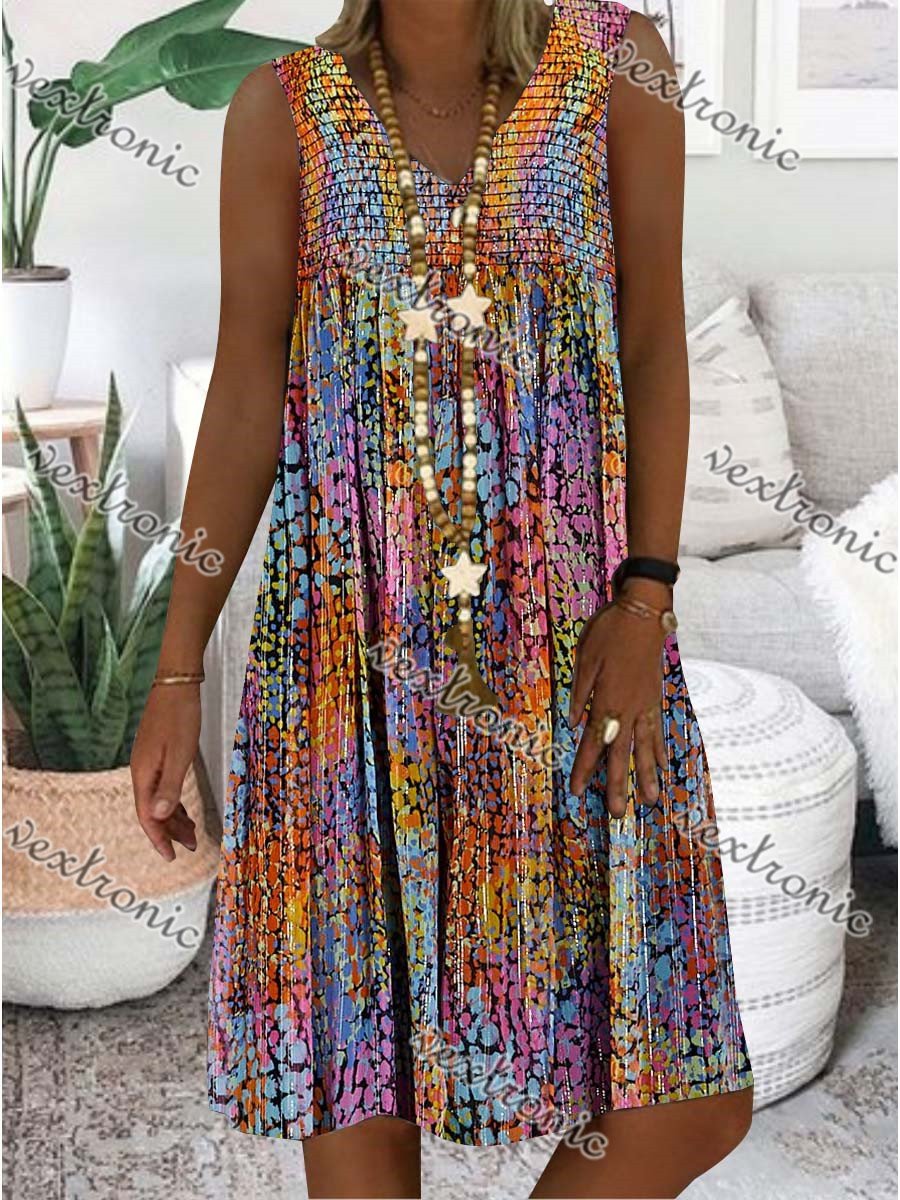Women Colorful Sleeveless V-neck Printed Midi Dress