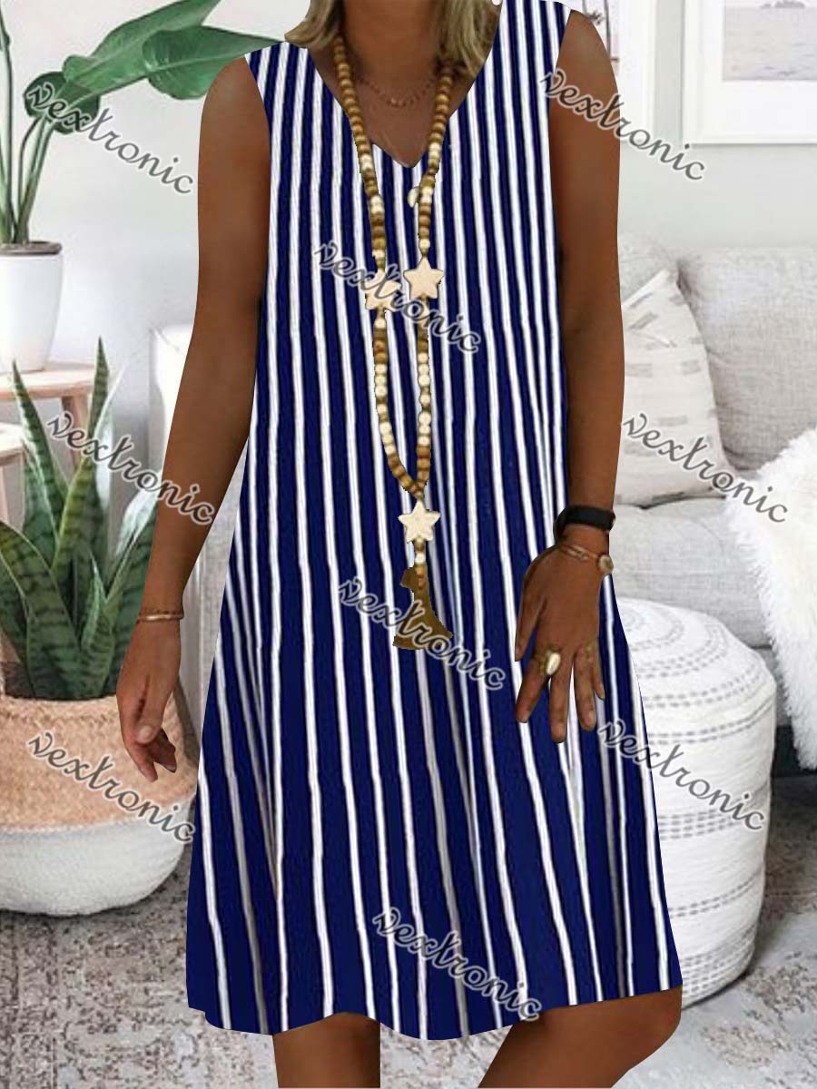 Women Blue Striped Sleeveless V-neck Printed Midi Dress