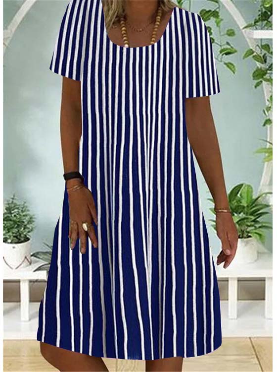 Women Blue Striped Short Sleeve Scoop Neck Printed Midi Dress