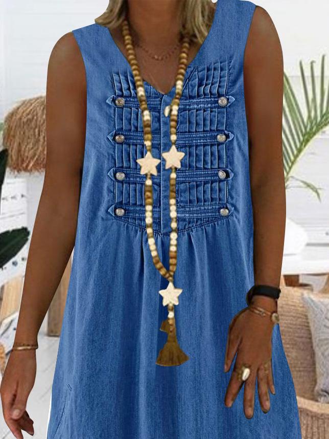 Women Blue Sleeveless V-neck Printed Midi Dress