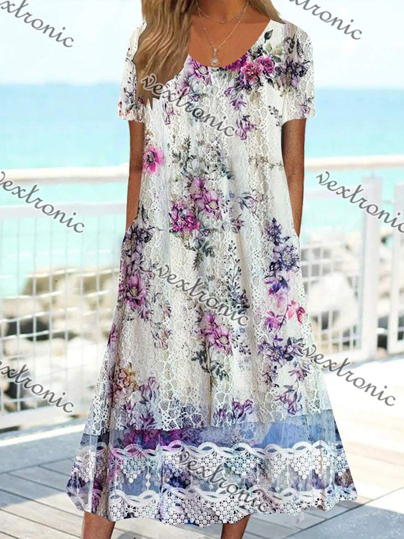 Women hort Sleeve Scoop Neck Lace Floral Printed Midi Dress With Pockets