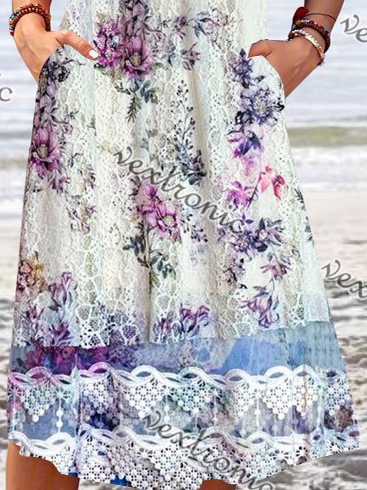 Women hort Sleeve Scoop Neck Lace Floral Printed Midi Dress With Pockets
