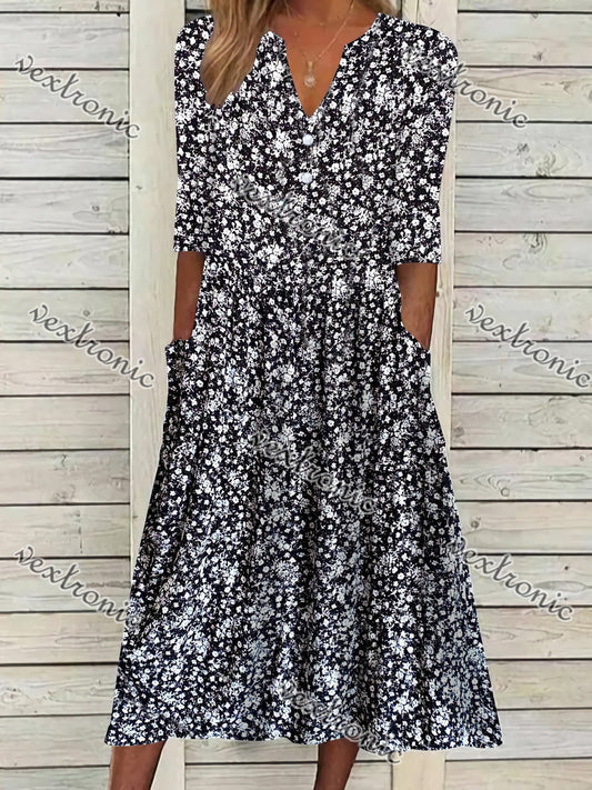 Women's Short Sleeve V-neck Black Floral Printed Midi Dress