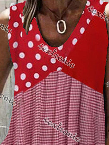 Women Sleeveless V-neck Striped Polka Dot Top