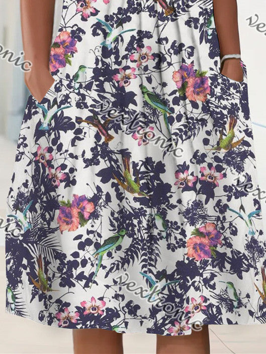 Women's Short Sleeve Scoop Neck Floral Printed Graphic Midi Dress