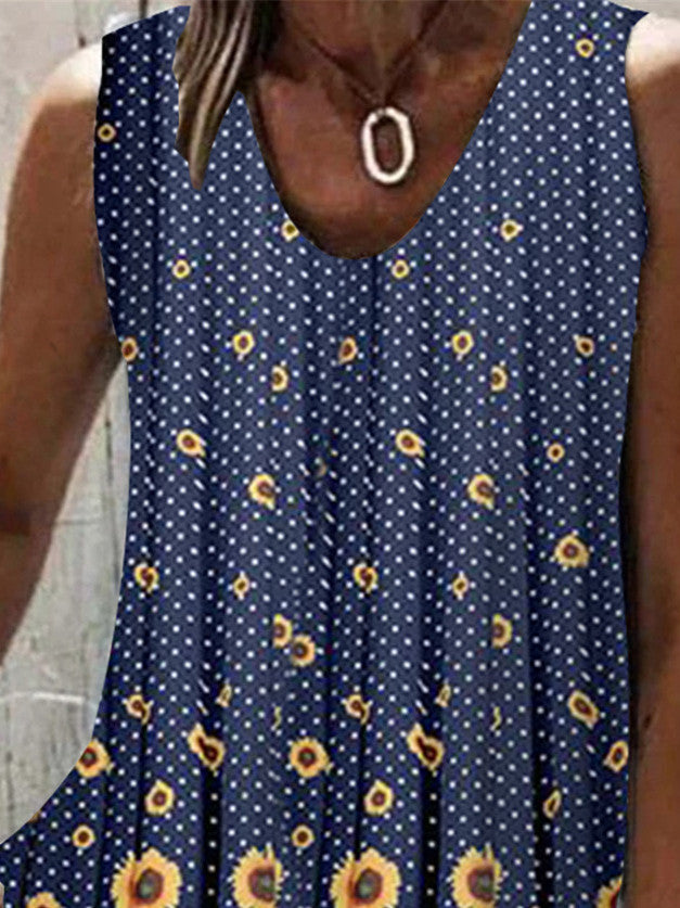 Women Sleeveless V-neck Floral Printed Polka Dot Tops