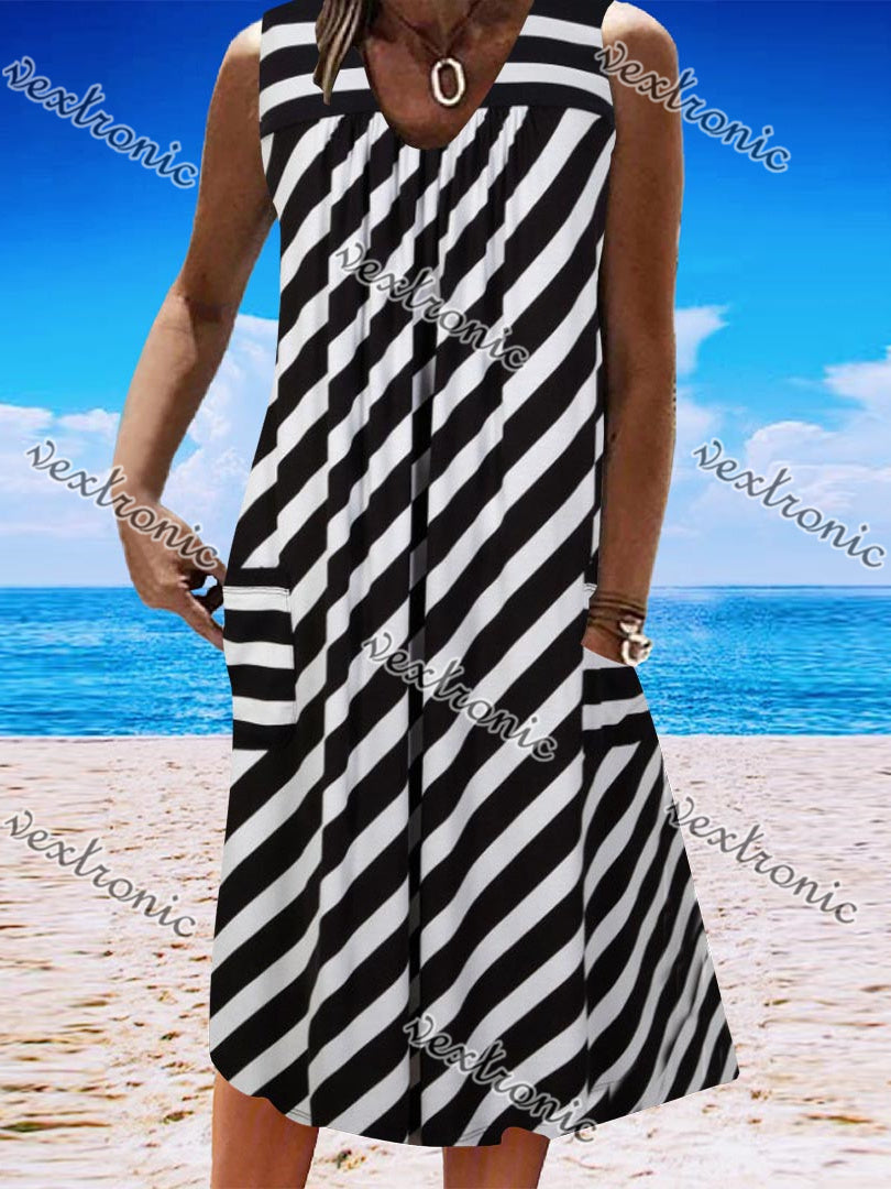 Women's Sleeveless V-neck Striped Midi Dress