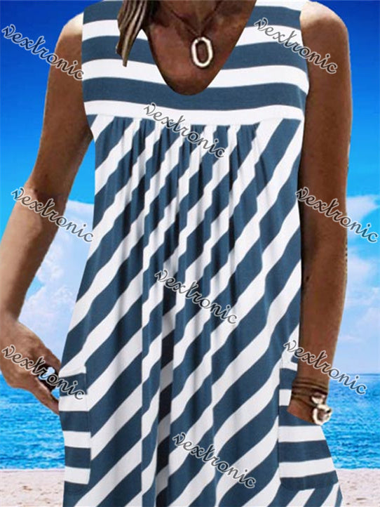 Women's Sleeveless V-neck Striped Midi Dress