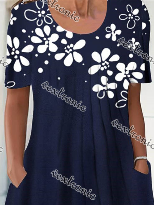 Women Short Sleeve Scoop Neck Floral Printed Midi Dress