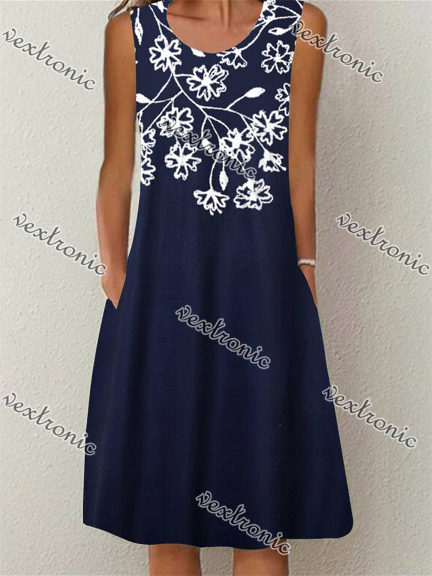 Women's Blue Scoop Neck Sleeveless Printed Midi Dress