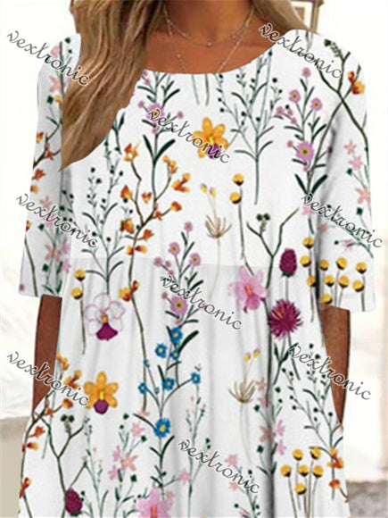 Women's White Scoop Neck Short Sleeve Floral Printed Graphic Midi Dress