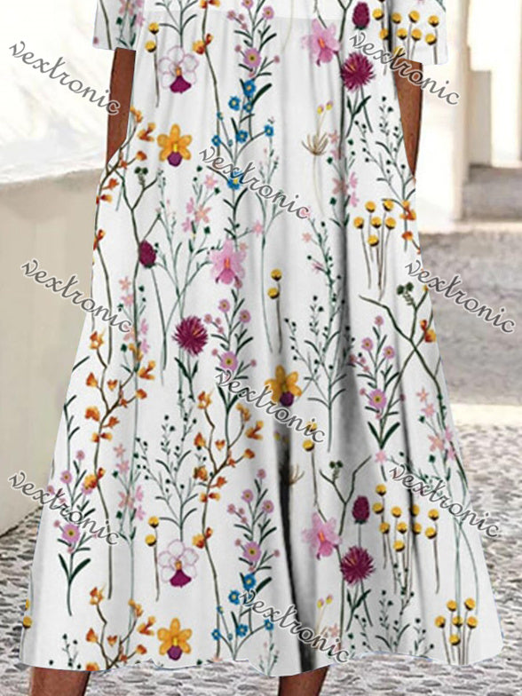 Women's White Scoop Neck Short Sleeve Floral Printed Graphic Midi Dress