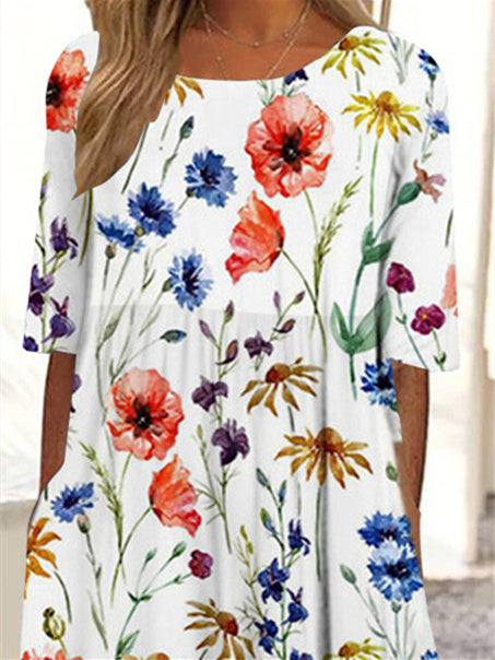 Women's White Scoop Neck Half Sleeve Floral Printed Graphic Midi Dress